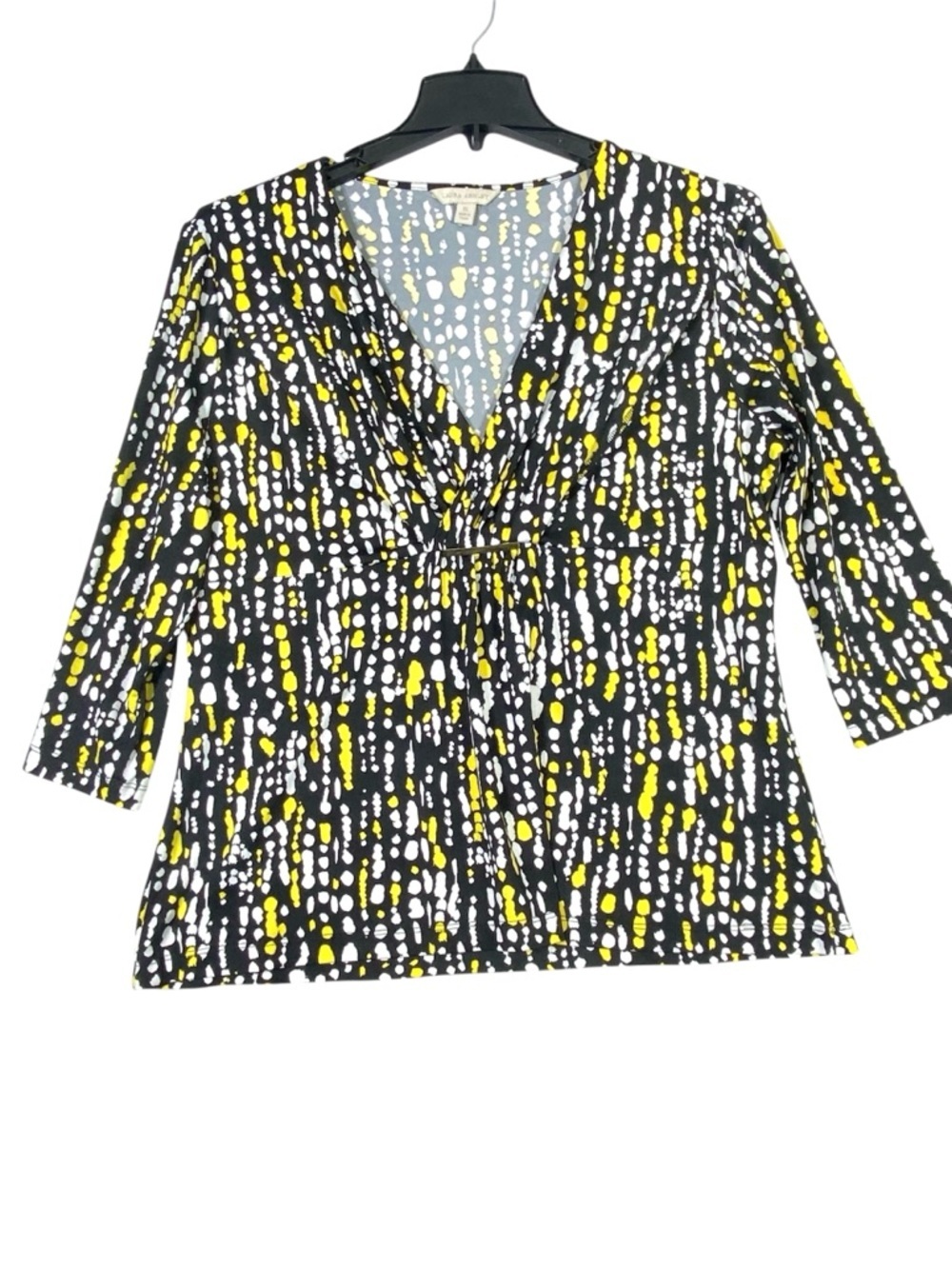 Laura Ashley Dot Pattern Blouse Women XL Yellow Black V-Neck Empire Waist Career